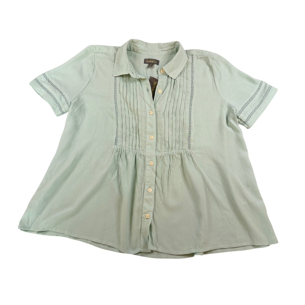 Style & Co Womens Pintuck Lace Trim Button Down Blouse Harbor Gray Small NEW